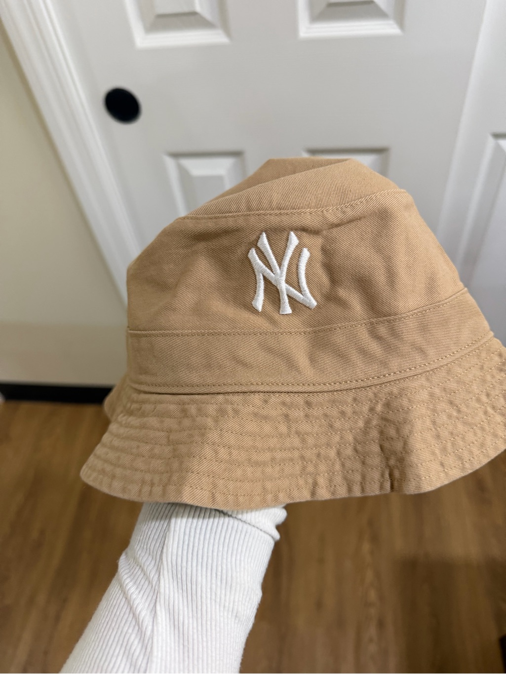 Beige Bucket Hat With White Embroidered Logo